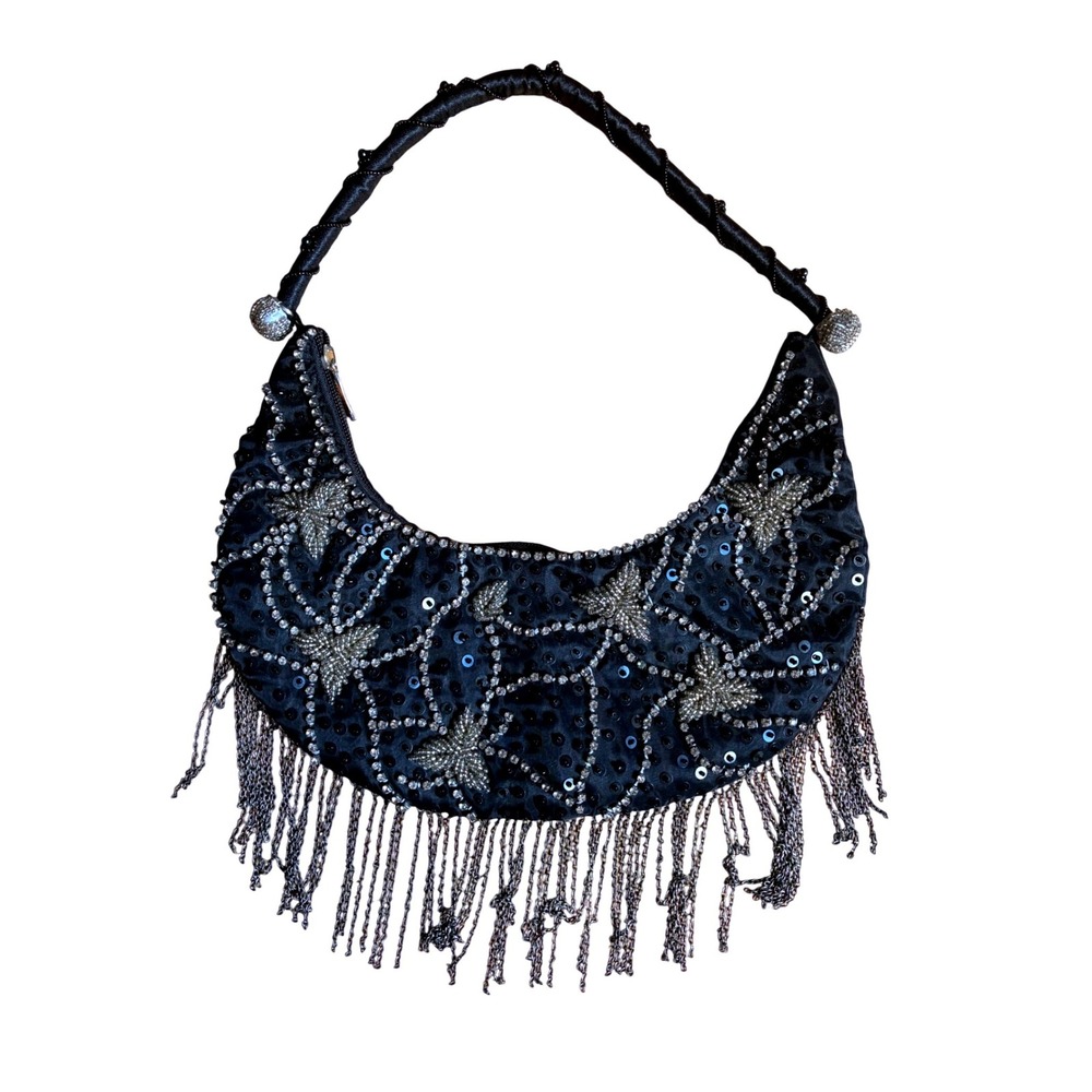 Vintage Black Satin Beaded Crescent Bag Chain Fringe Sequin Starburst Y2K Boho